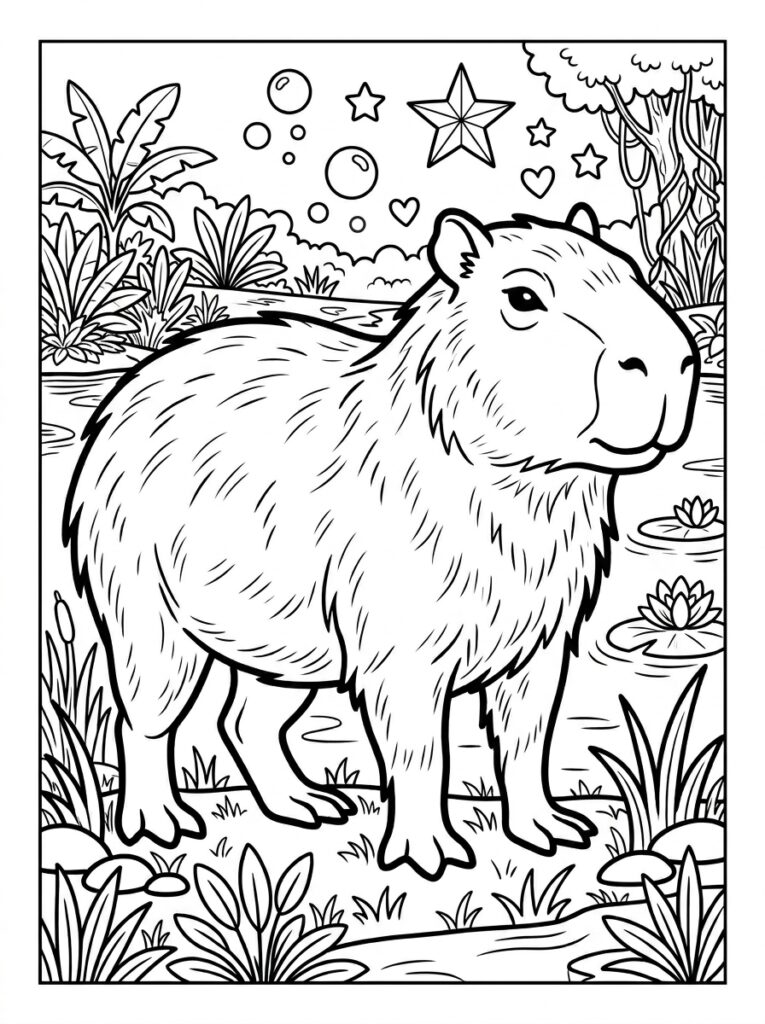 Capybara bij vijver met waterlelies en sterren