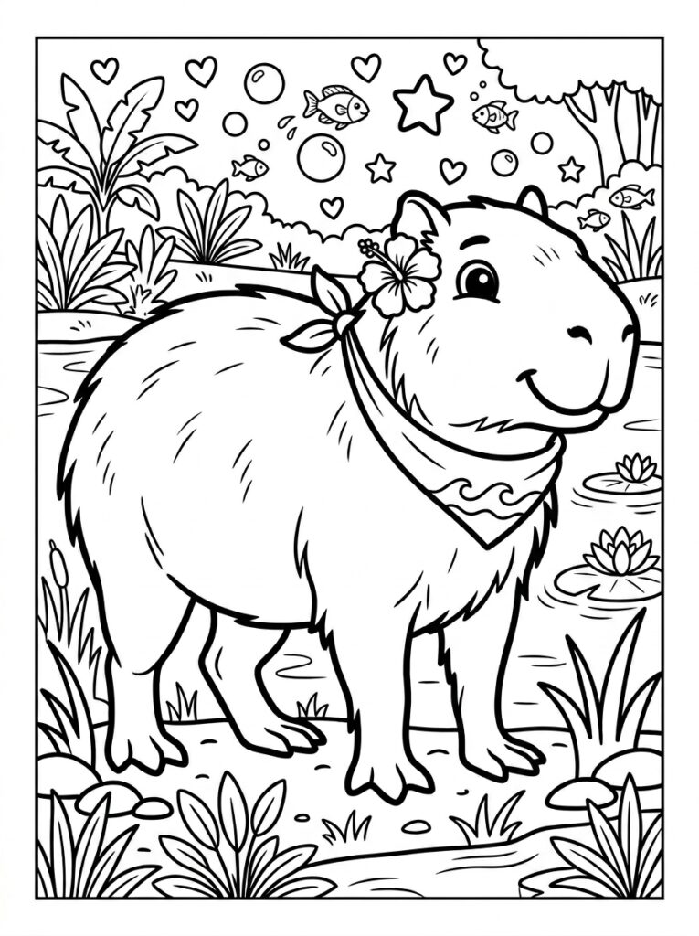 Capybara met bloem en bandana tussen vissen
