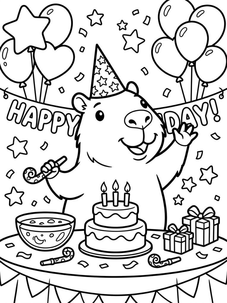 Capybara met feestmuts bij taart en ballonnen