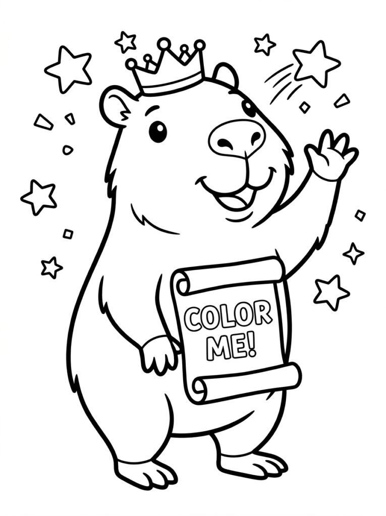 Capybara met kroon en rol tussen sterren