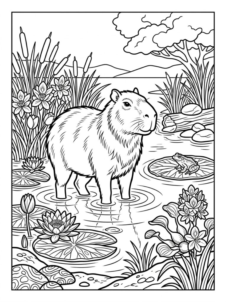 Capybara in vijver met kikker op waterlelie