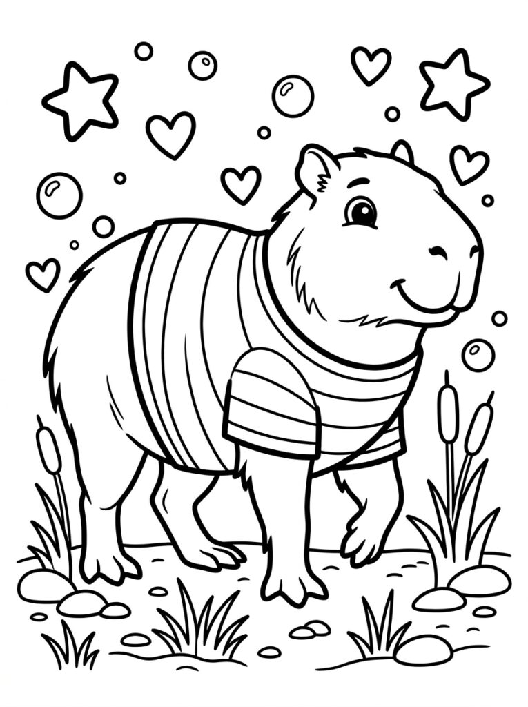 Capybara in gestreept shirt met harten en sterren