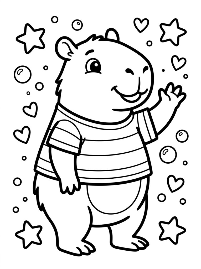 Capybara in gestreept shirt zwaait met poot