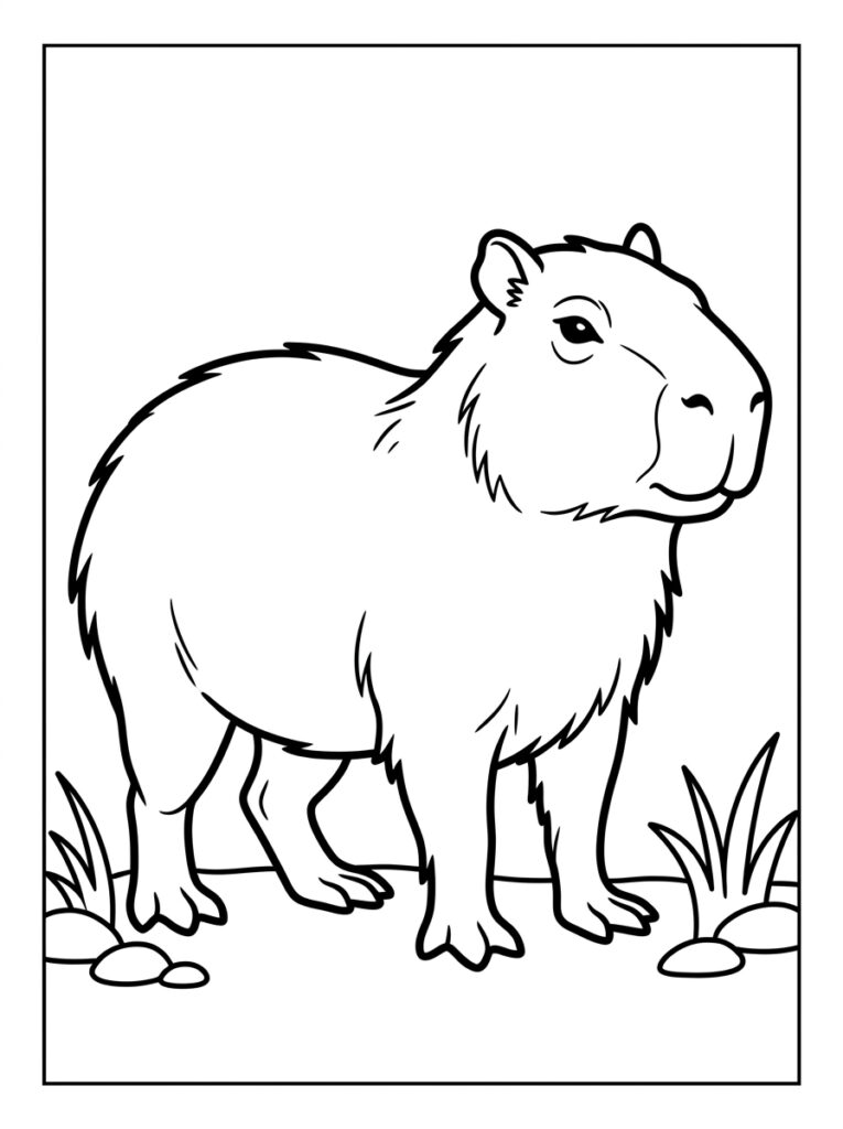 Capybara staand in gras met planten en stenen
