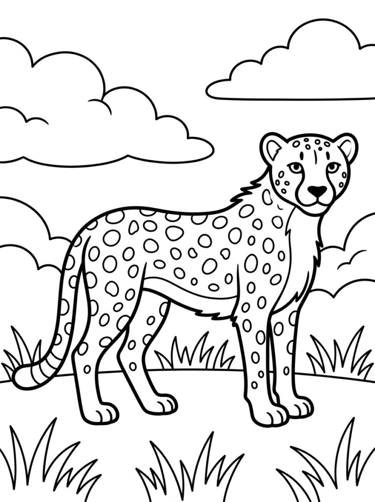 Cheeta staat in gras onder grote wolken