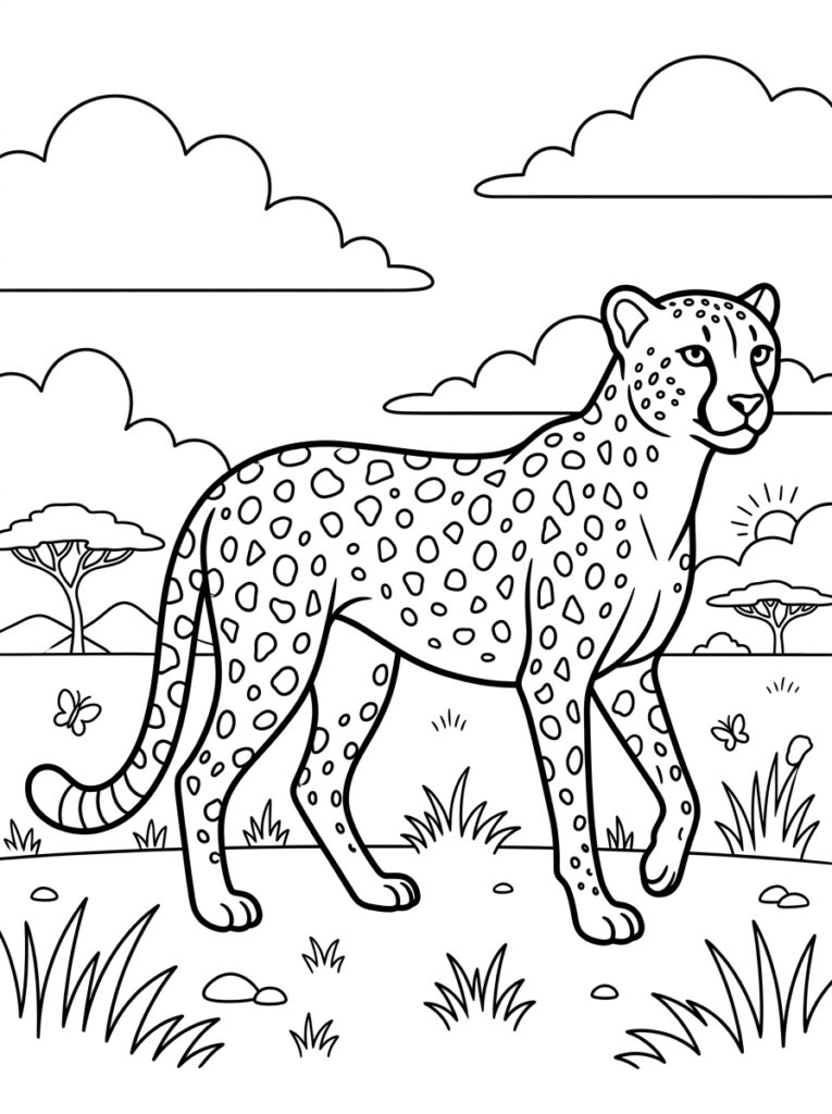 Cheeta loopt door savanne met bomen en vlinders