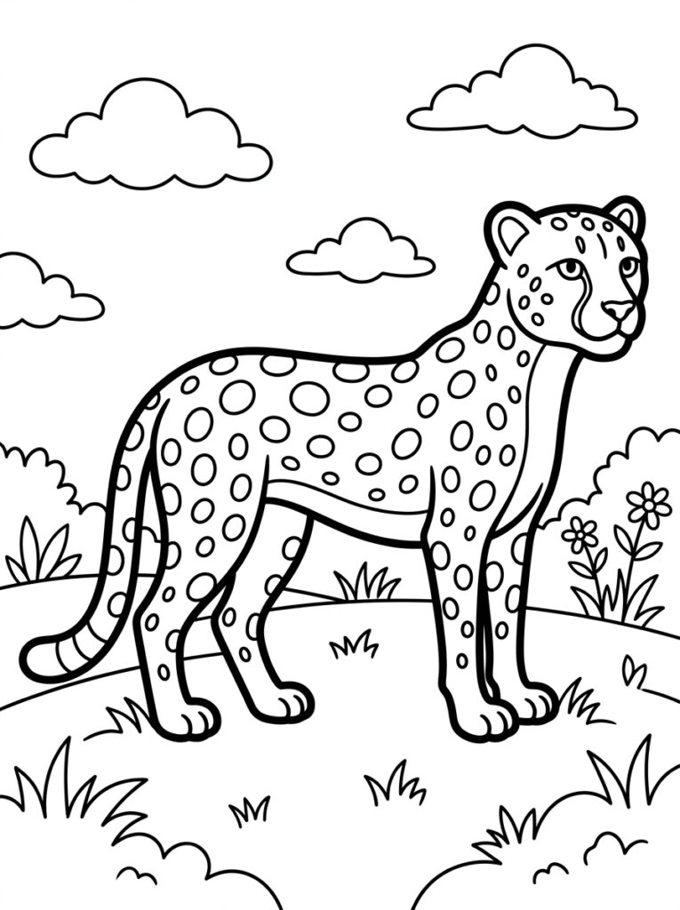 Cheeta staat op gras tussen bloemen en wolken