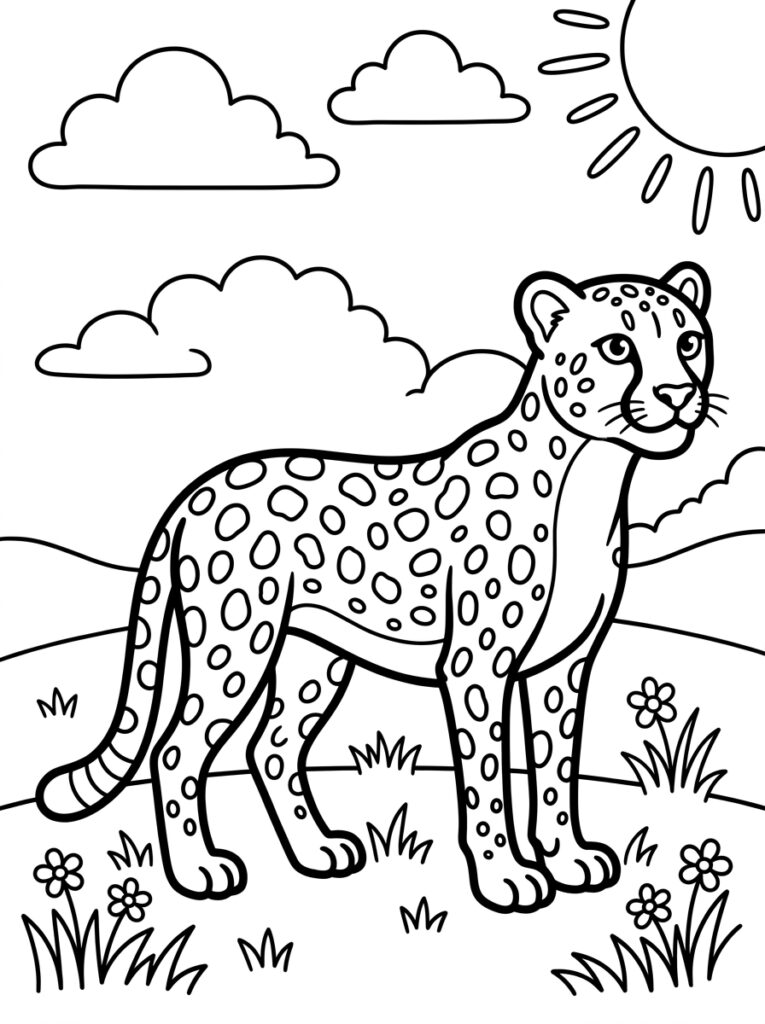 Cheeta staat in bloemen onder zon en wolken