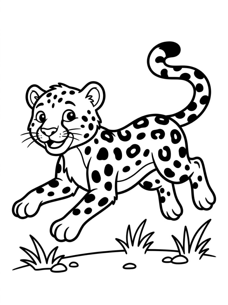Cheeta rent lachend over gras met gekrulde staart