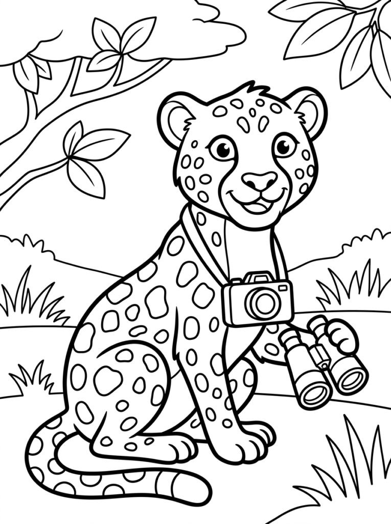 Cheetah met camera om nek en verrekijker