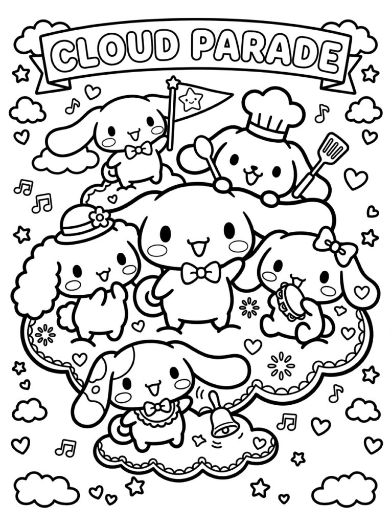 Cinnamoroll en vrienden met vlag en koksmuts