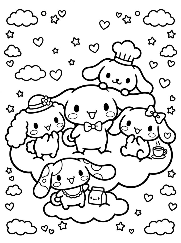 Cinnamoroll en vrienden met koffie en melkpak