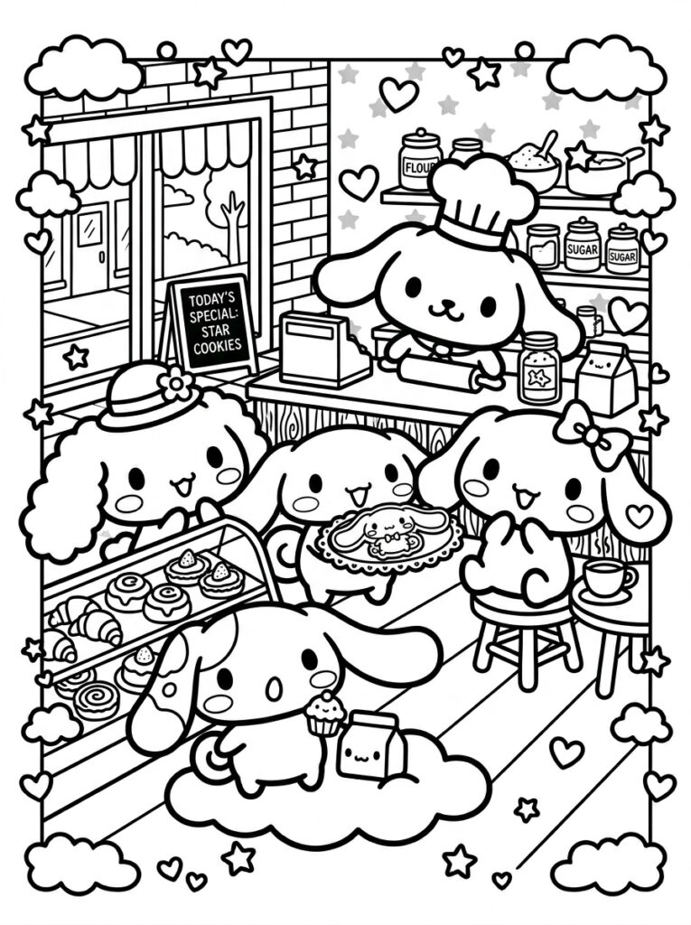 Cinnamoroll serveert koekjes in de bakkerij