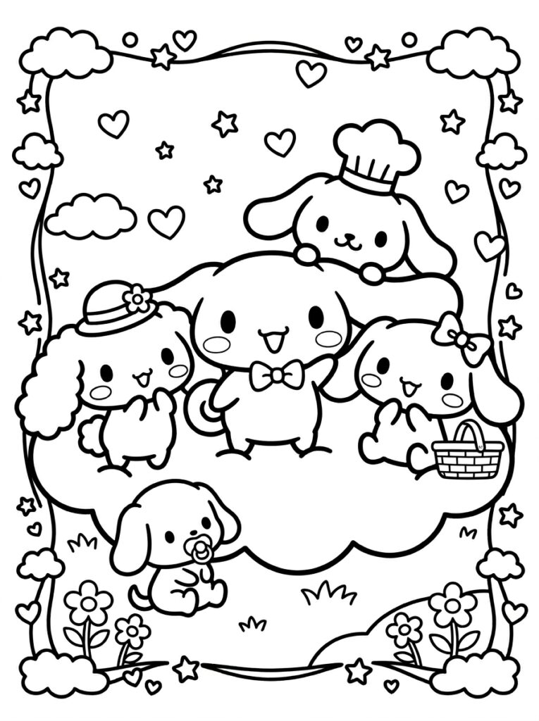 Cinnamoroll met puppy fopspeen bloemen en mand