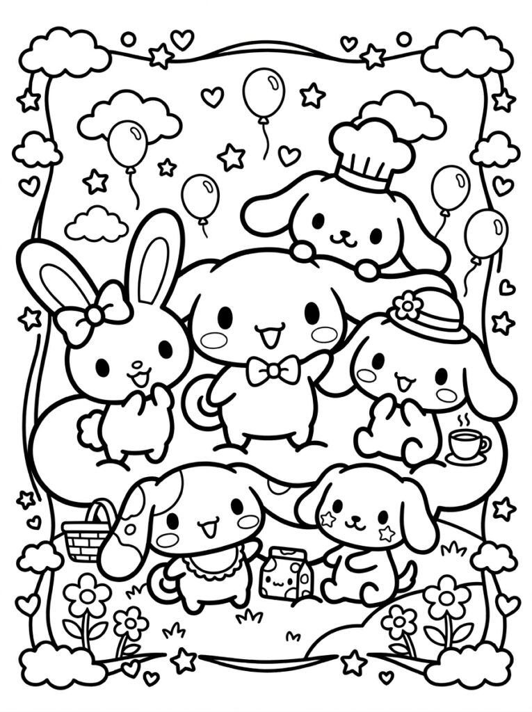Cinnamoroll en vrienden met theekop en melkpak
