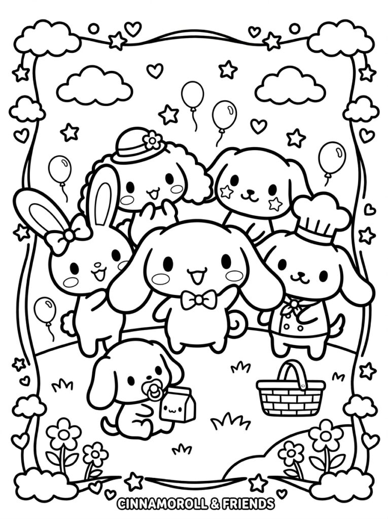 Cinnamoroll en vrienden met fopspeen en picknickmand