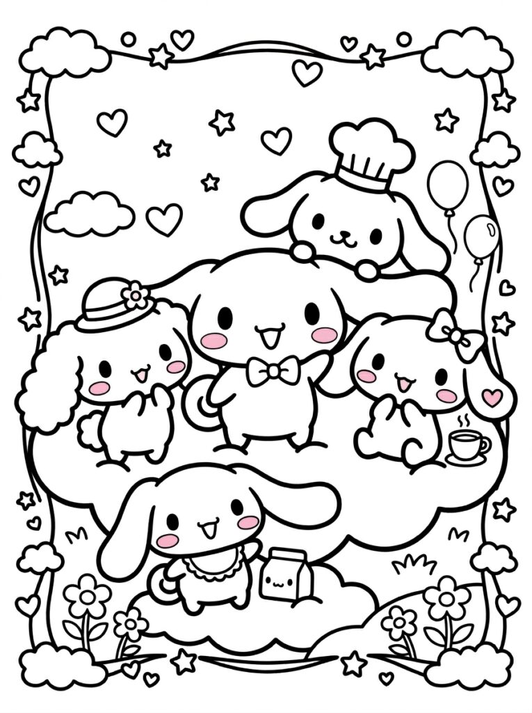 Cinnamoroll en vrienden met koksmuts en theekopje