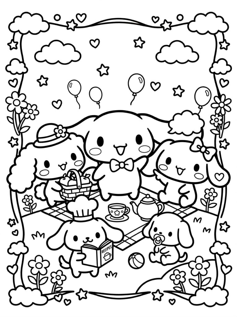 Cinnamoroll en vrienden picknicken met boek en bal