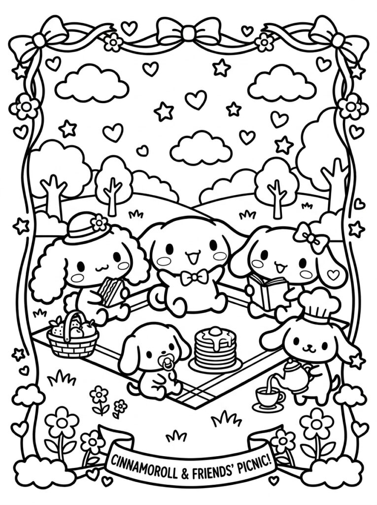 Cinnamoroll en vrienden picknicken met pannenkoeken en boeken
