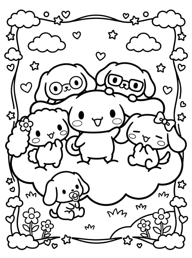 Cinnamoroll met vrienden op wolk met bloemen