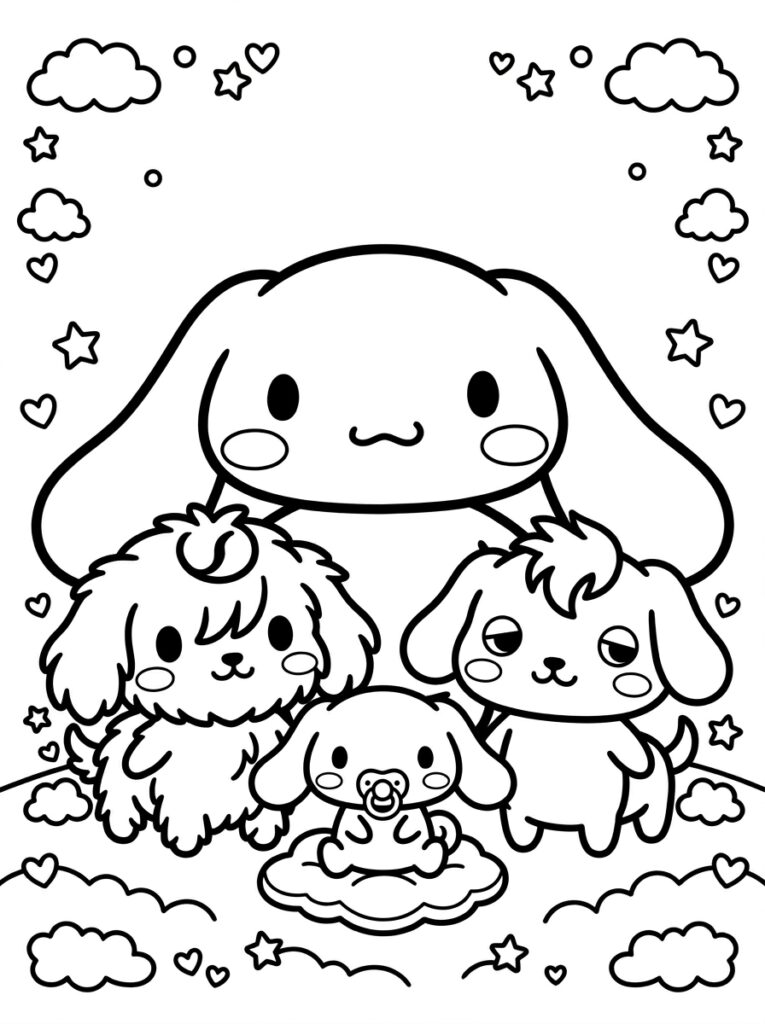 Cinnamoroll met drie kleine hondjes en sterren
