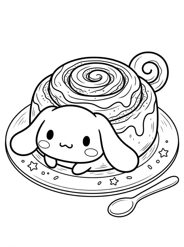 Cinnamoroll in kaneelbroodje op bord met lepel