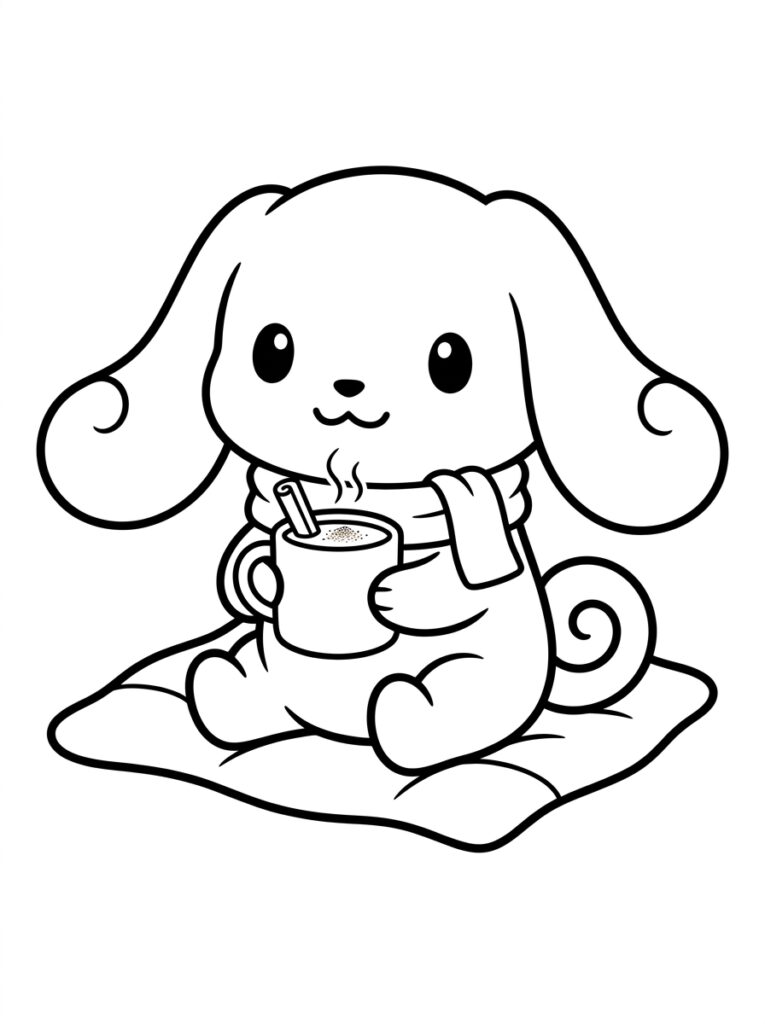 Cinnamoroll met sjaal houdt mok met rietje vast