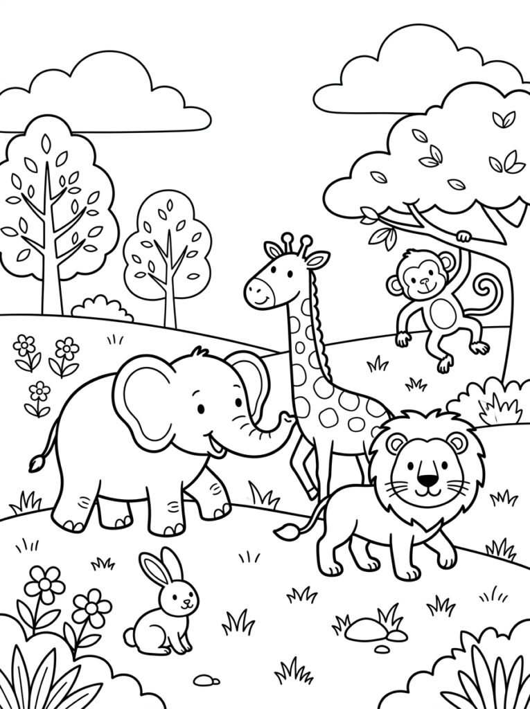 Olifant giraffe leeuw aap en konijn bij bomen