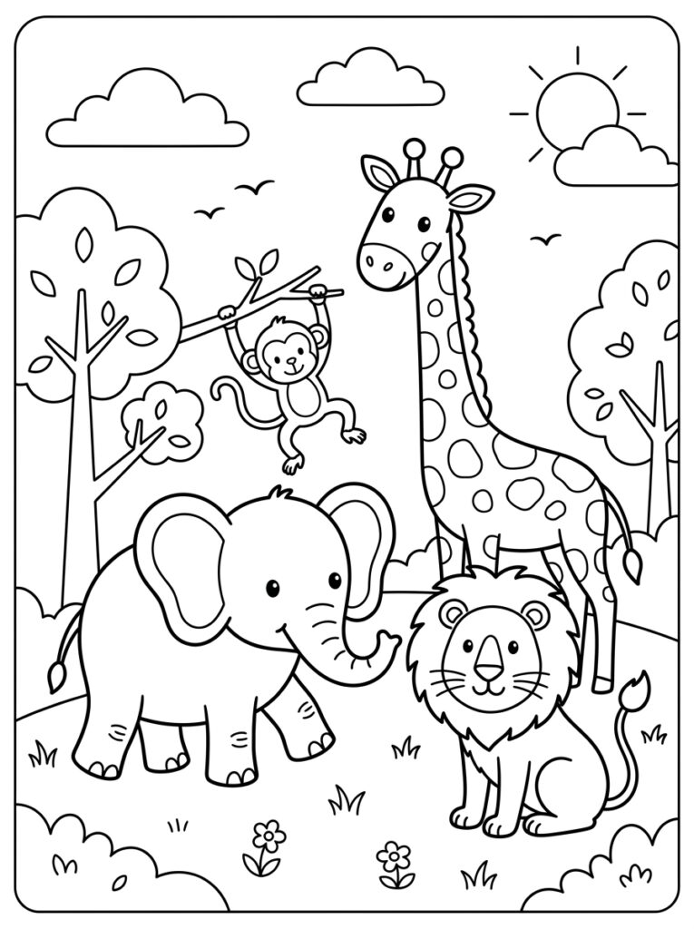 Swingende aap giraffe olifant en leeuw in savanne