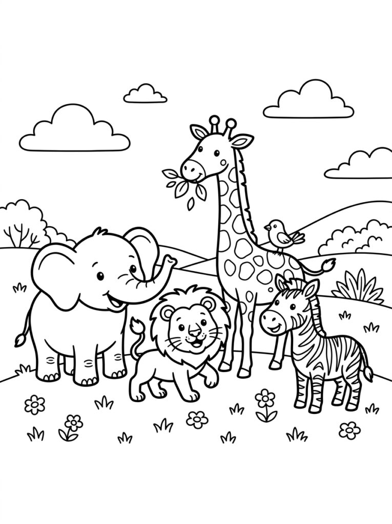 Olifant leeuw giraffe zebra vogel en bloemen