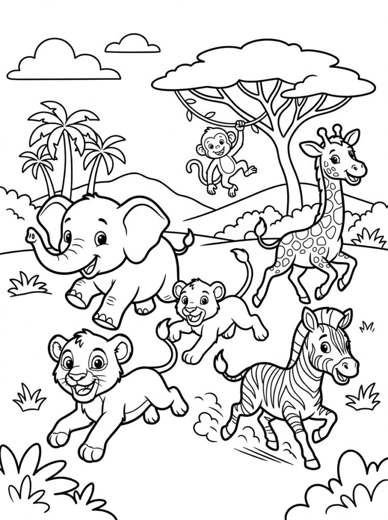 Rennende olifant leeuw zebra giraffe en aap