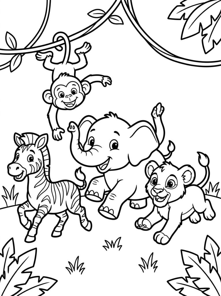 Hangende aap olifant zebra en leeuw