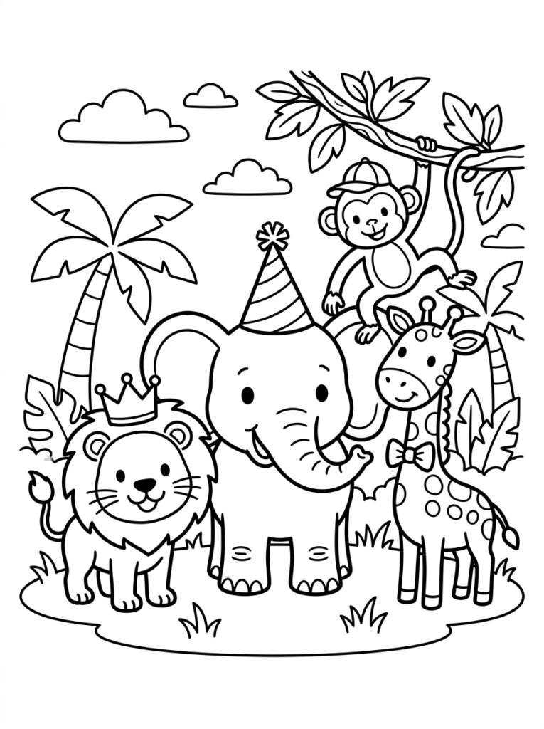 Leeuw met kroon olifant met muts giraf en aap