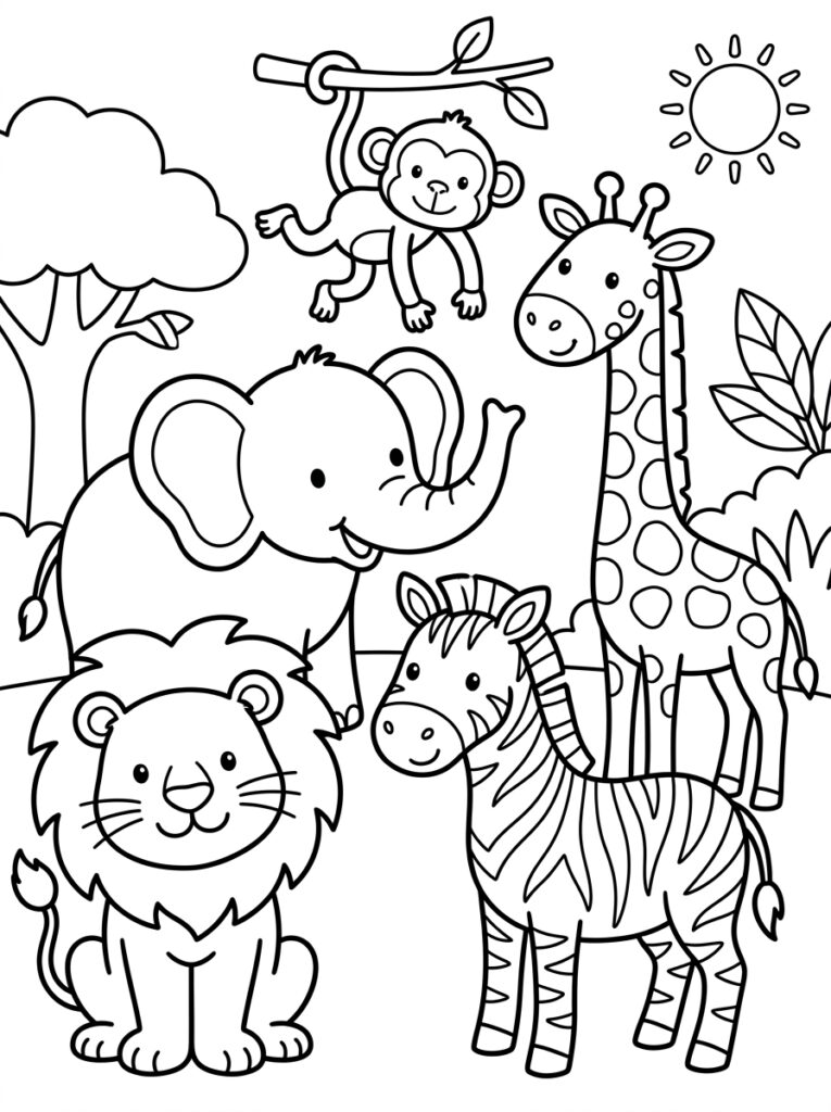 Leeuw olifant zebra giraf en aap bij bomen