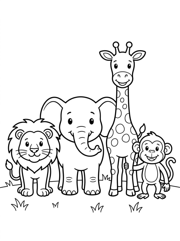 Leeuw olifant giraffe aap op gras