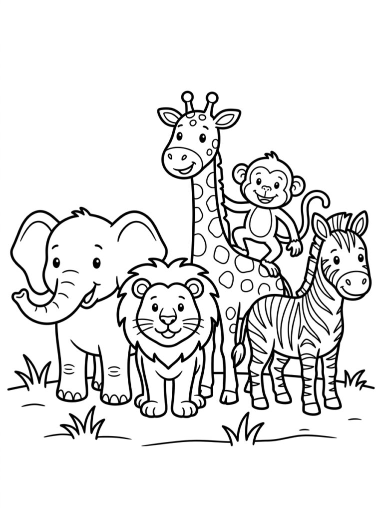 Olifant leeuw giraffe aap zebra op gras