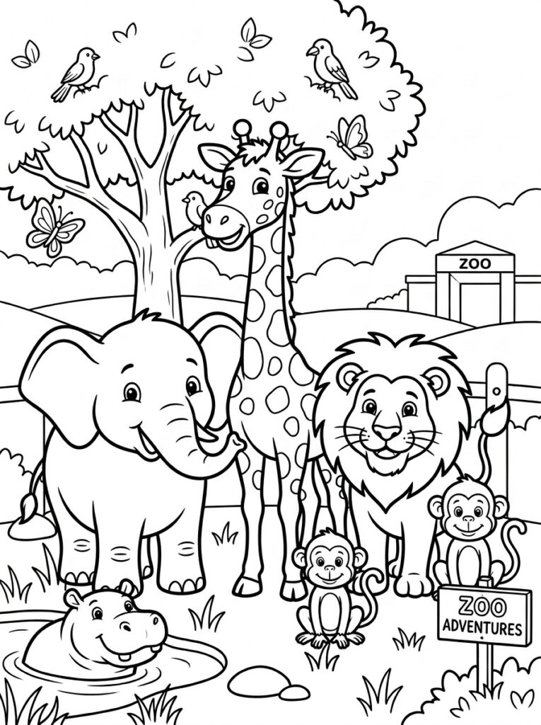 Olifant giraffe leeuw apen nijlpaard en vogels