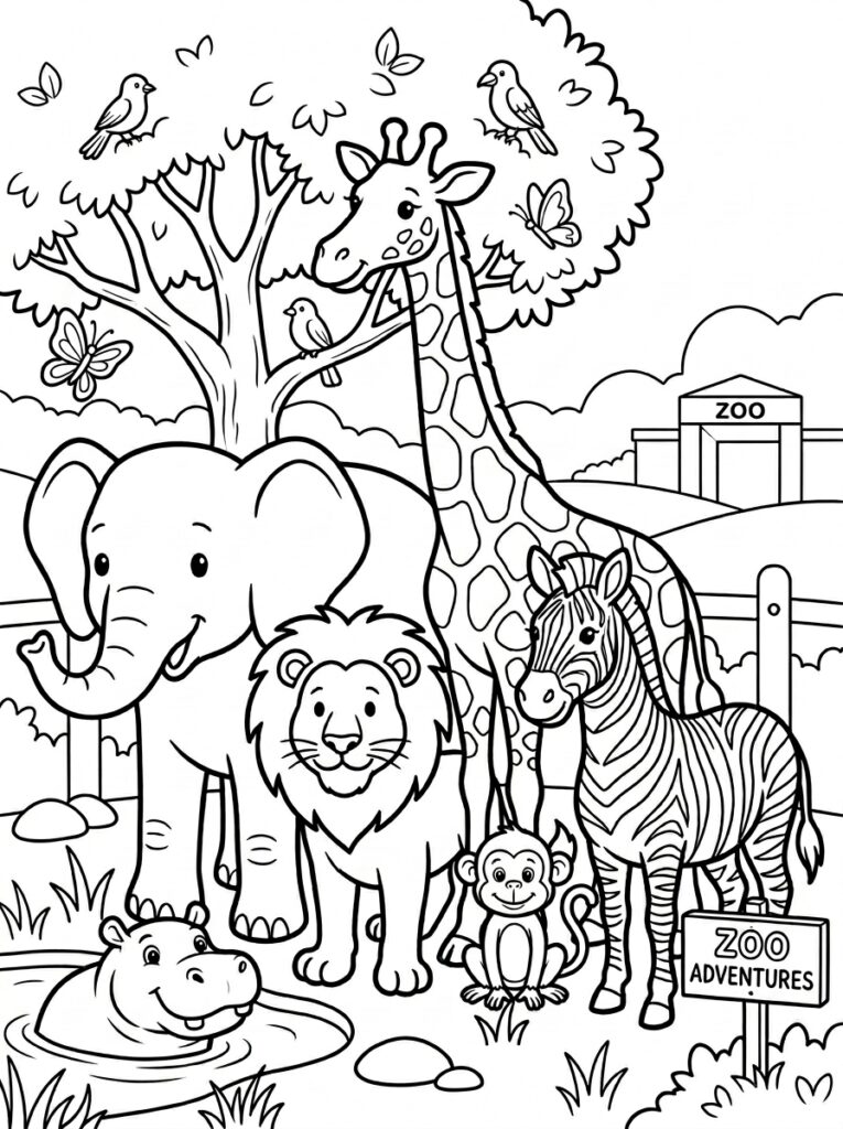 Giraffe olifant leeuw zebra aap nijlpaard vlinders
