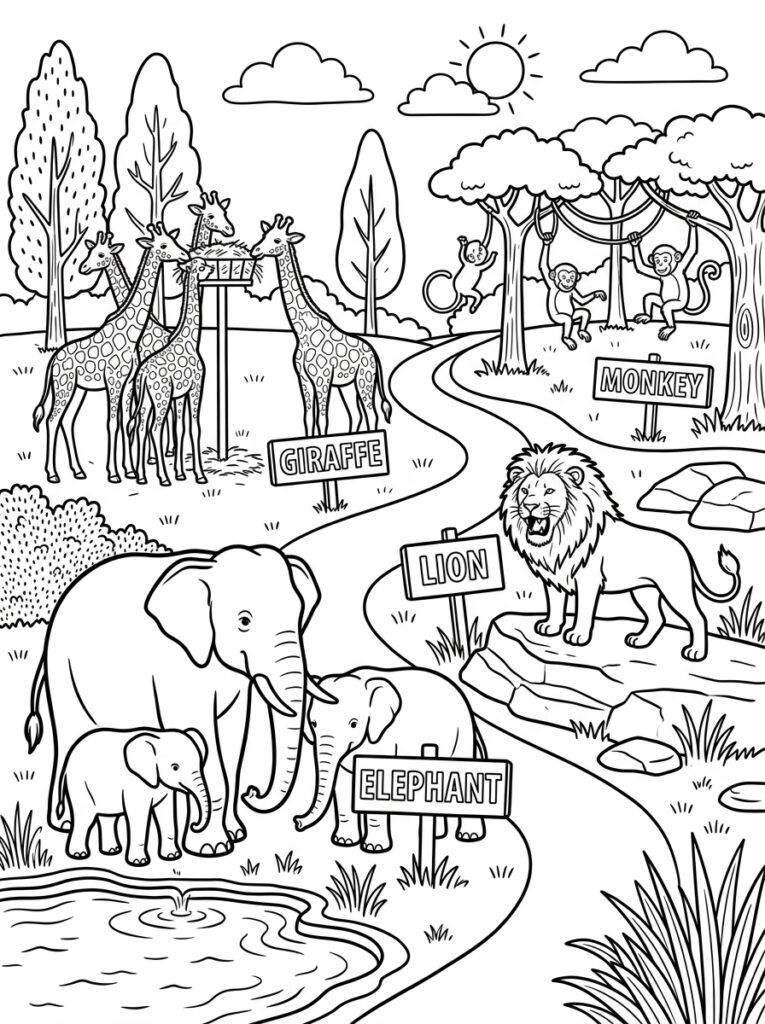 Olifanten giraffen leeuw apen bij naamborden vijver