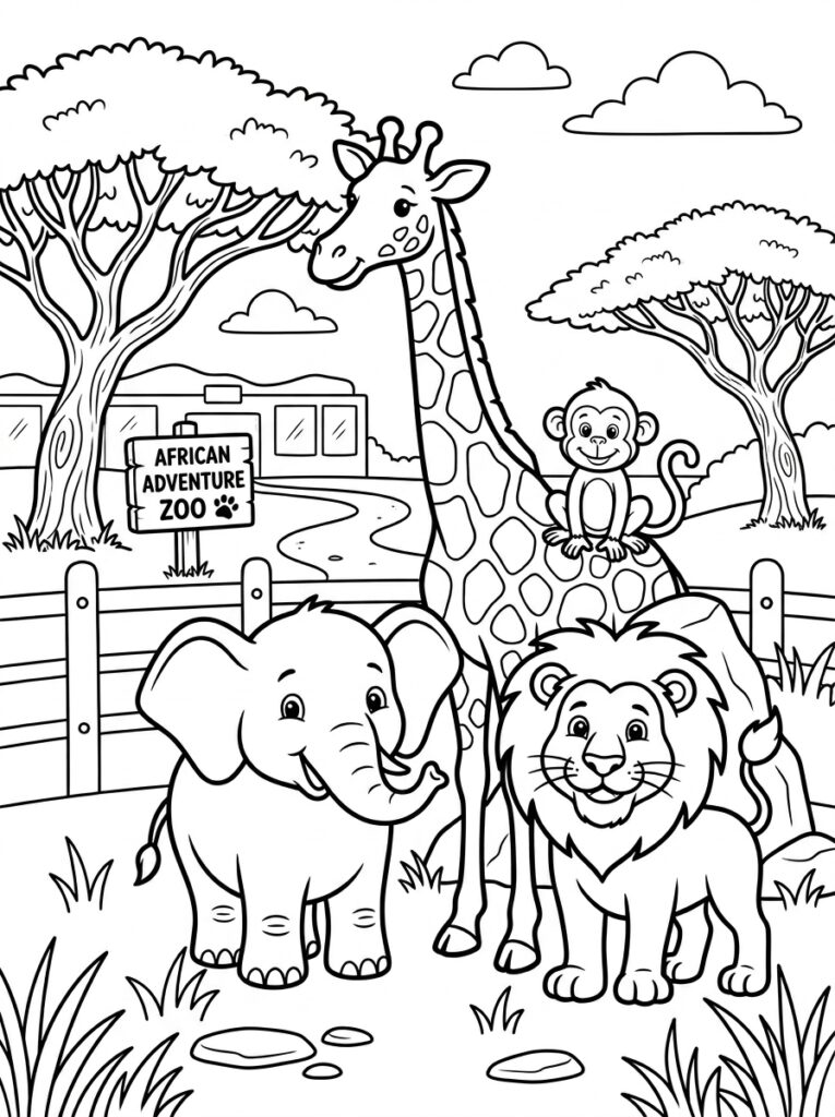 Olifant leeuw giraffe met aap op rug