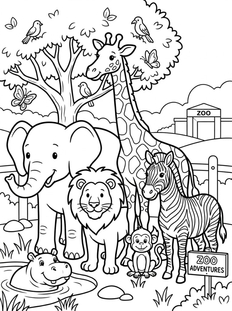 Nijlpaard olifant leeuw zebra giraffe aap