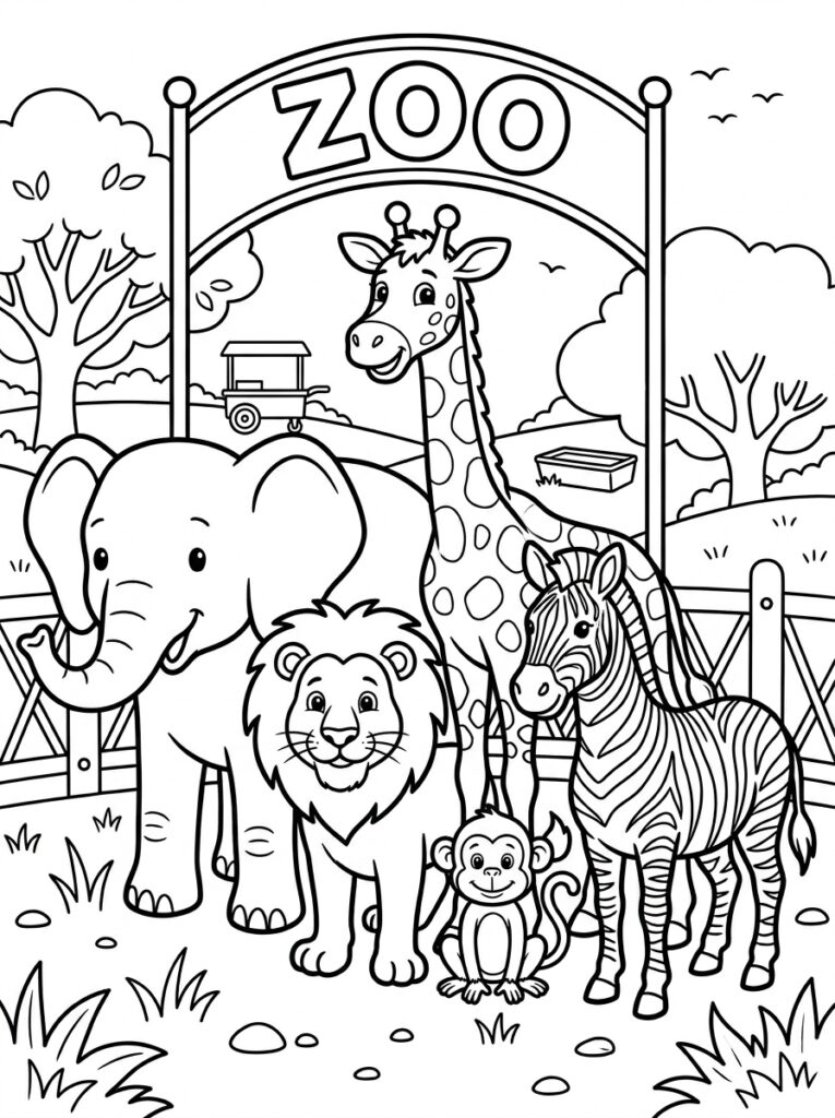 Olifant leeuw zebra giraffe aap onder boog