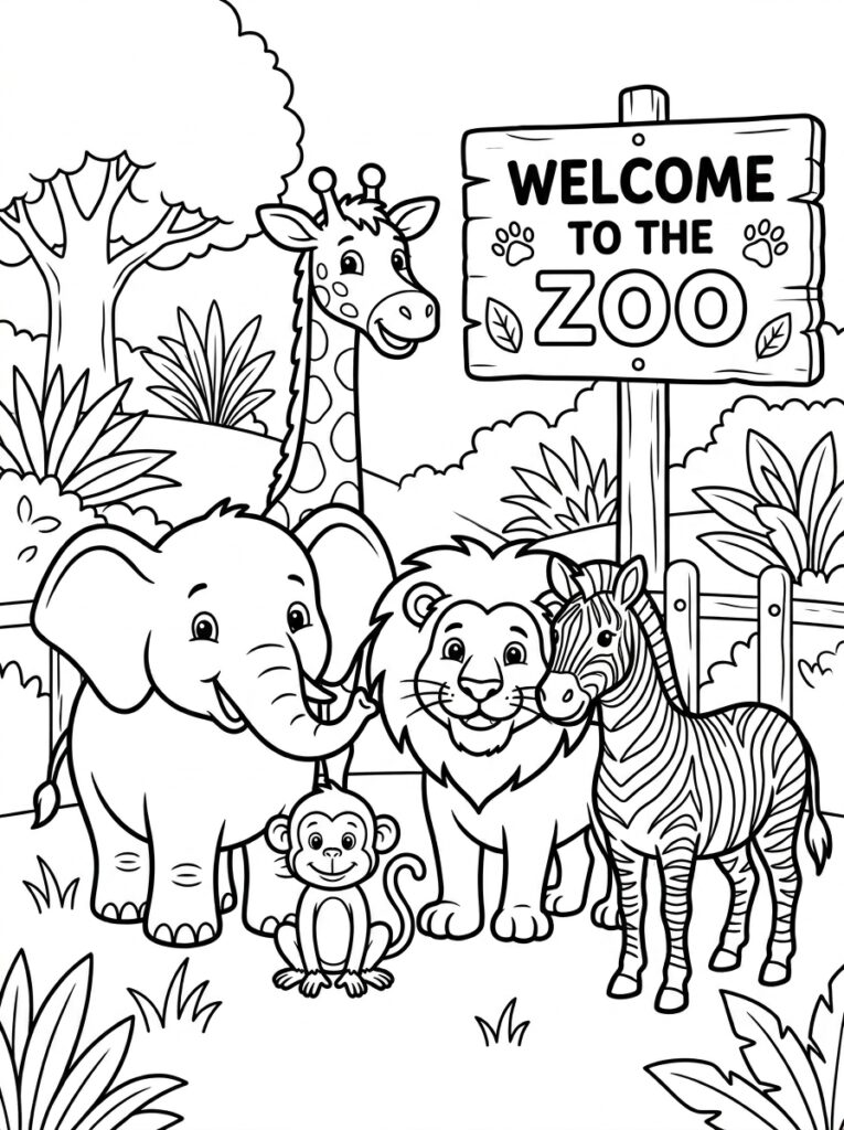 Olifant leeuw zebra giraffe aap bij bord