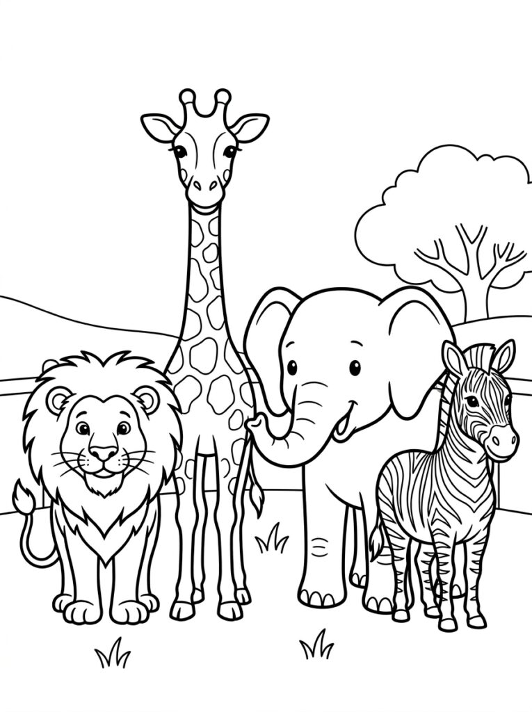 Leeuw giraffe olifant en zebra naast elkaar