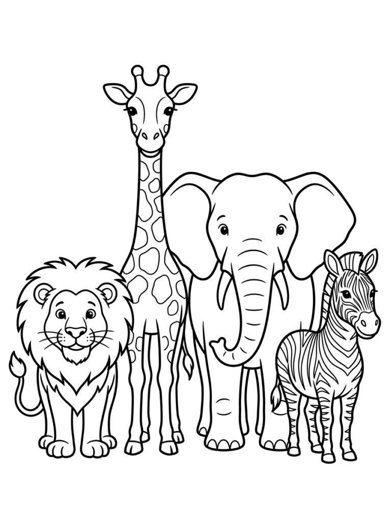 Leeuw giraffe olifant en zebra naast elkaar