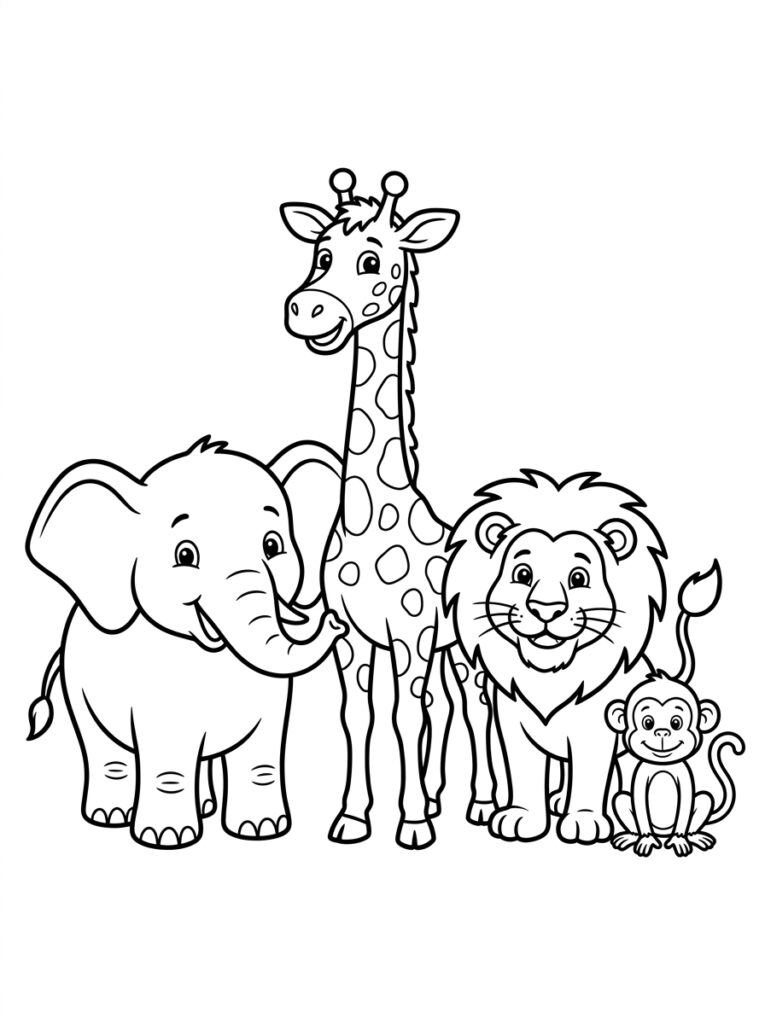 Olifant giraffe leeuw en aap bij elkaar