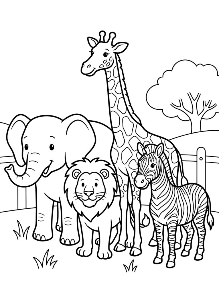 Olifant leeuw giraffe en zebra bij hek