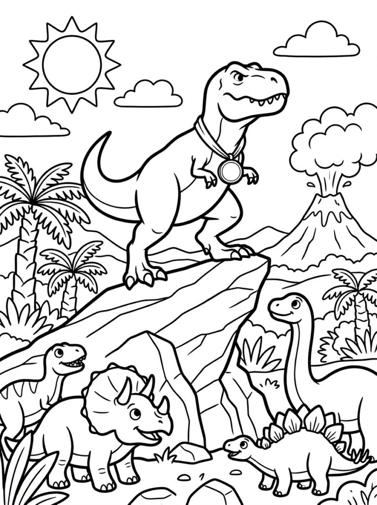 Tyrannosaurus rex met medaille op rots bij vulkaan