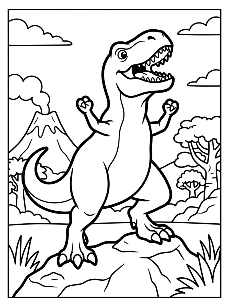 Tyrannosaurus rex met armen omhoog op rots bij vulkaan