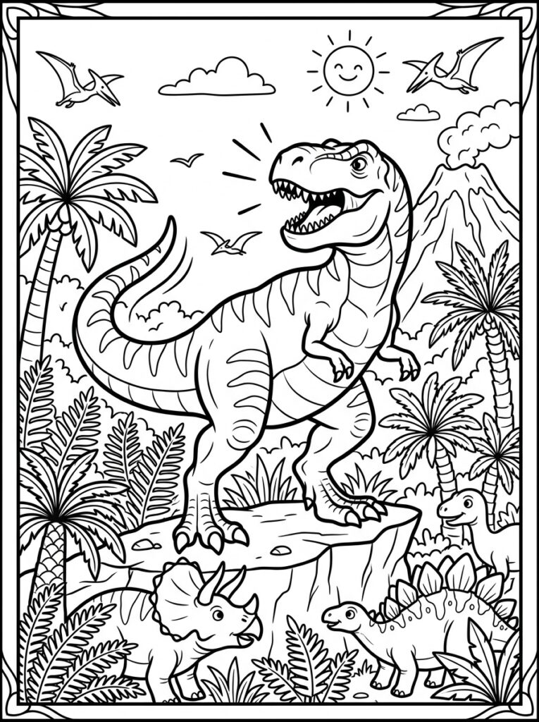 Tyrannosaurus rex brult op rots met pterodactylus en zon